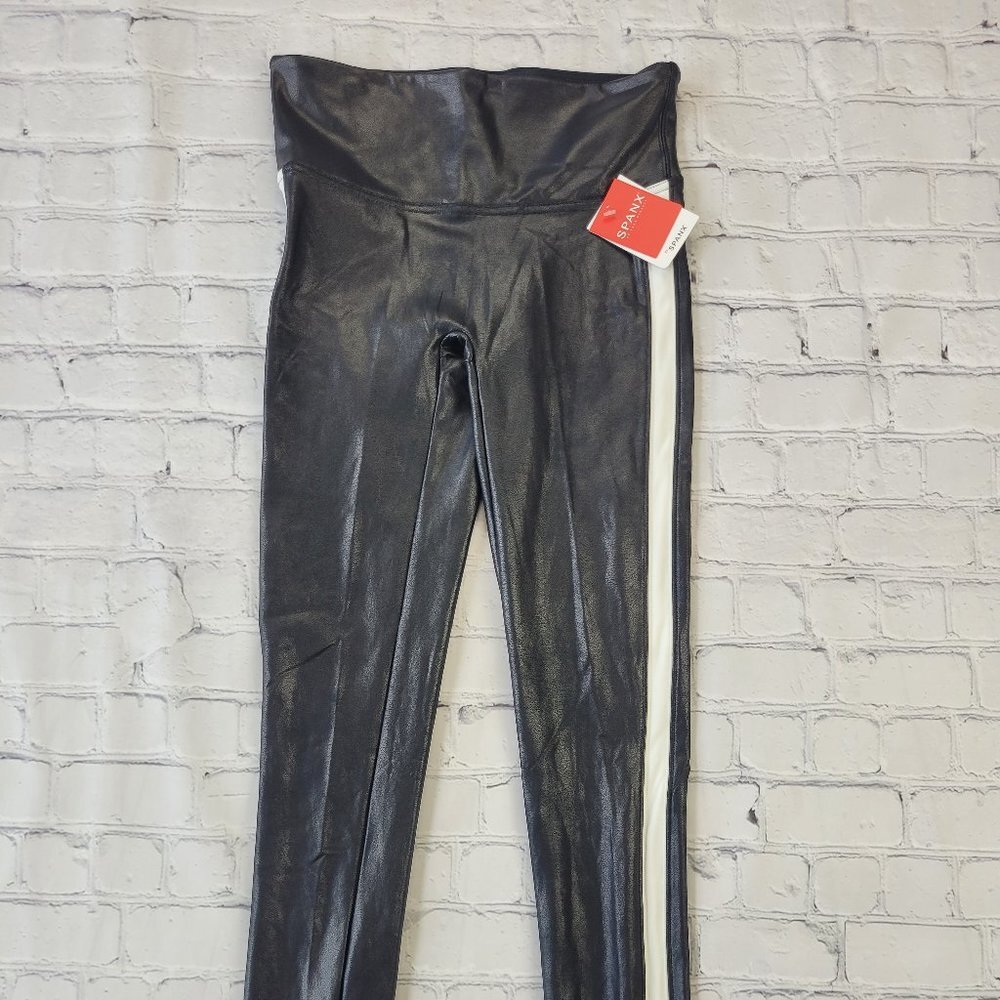 NWT SPANX Faux Leather Black with white Side Stripe Leggings Size S - Picture 4 of 14